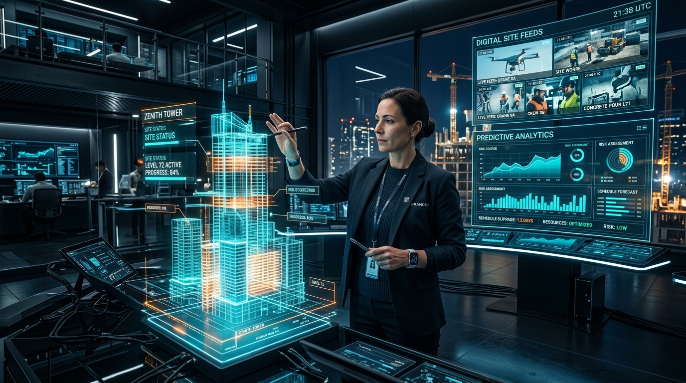 Smart AI in Construction Project Management showcasing digital twins, cost forecasts, and site camera feeds